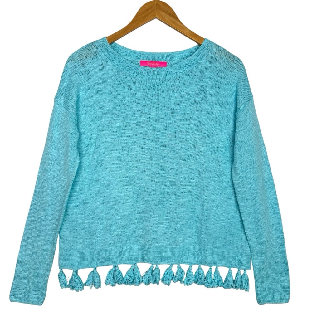 Lilly Pulitzer Sweater Womens S Turquoise Blue Tassel Hem Cotton Resort Pullove